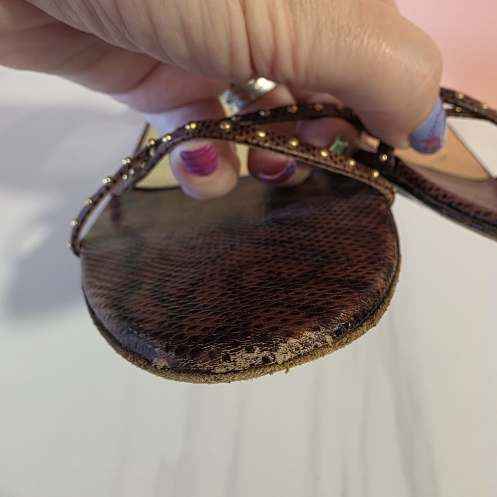 St. John Brown Kitten Heels 7 Italian Snakeskin Patterned Studded Brown Sandals - Picture 7 of 16